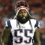 New England Patriots middle linebacker Brandon Spikes (55) walks off the field before the first half of an NFL football game against the Atlanta Falcons, Sunday, Sept. 29, 2013, in Atlanta. (AP Photo/David Goldman)